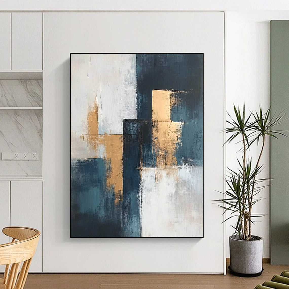 Blue - Gold - White Abstract Blocks Painting with Structured Sophistication WINK374