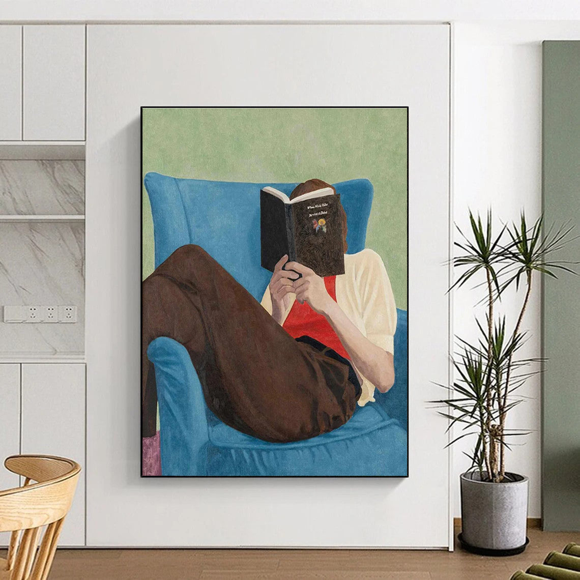 Reader in Blue Chair Figurative Painting for Cozy Reading Nooks HENG303