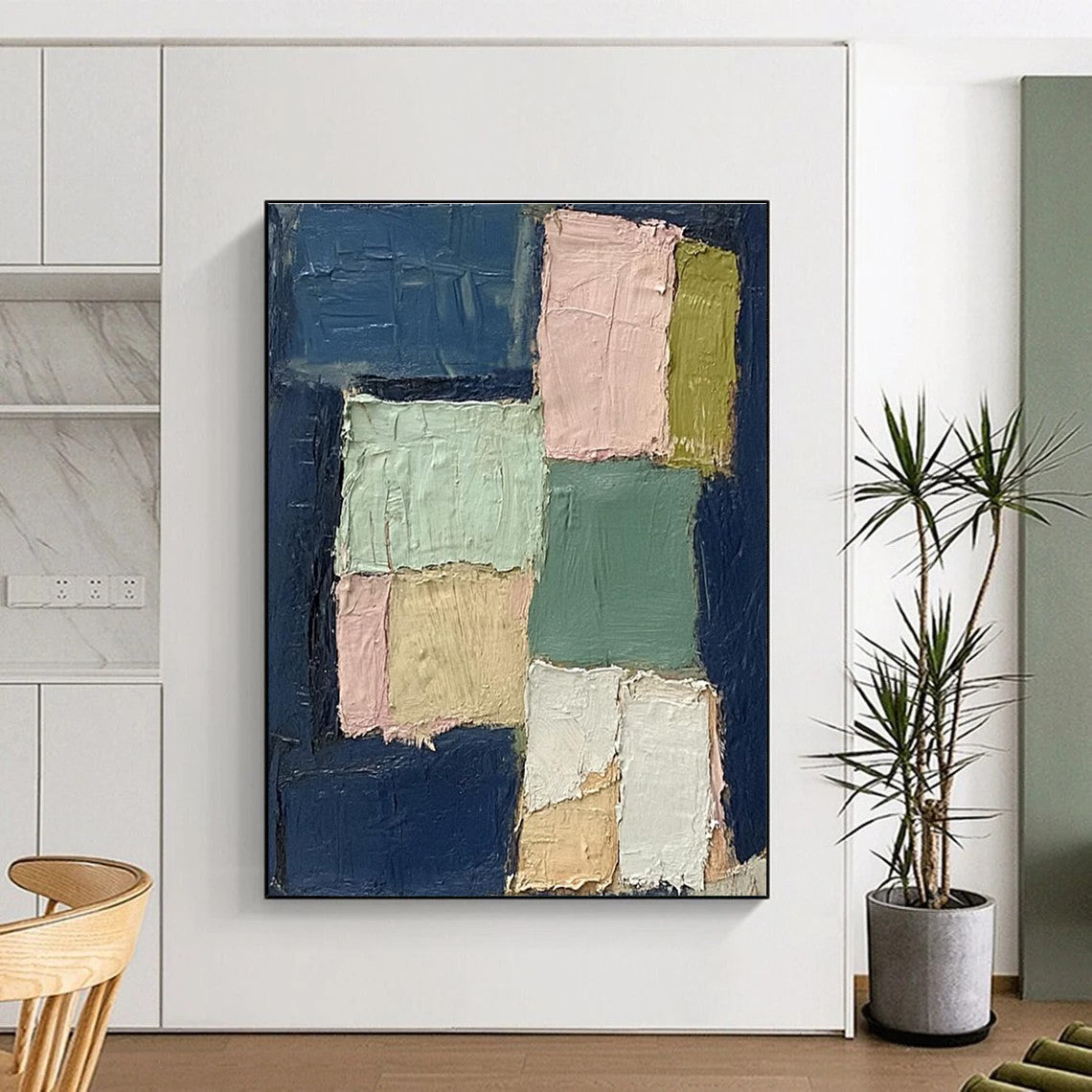 Pastel Patchwork Abstract Painting for Scandinavian - Style Living Rooms HENG013