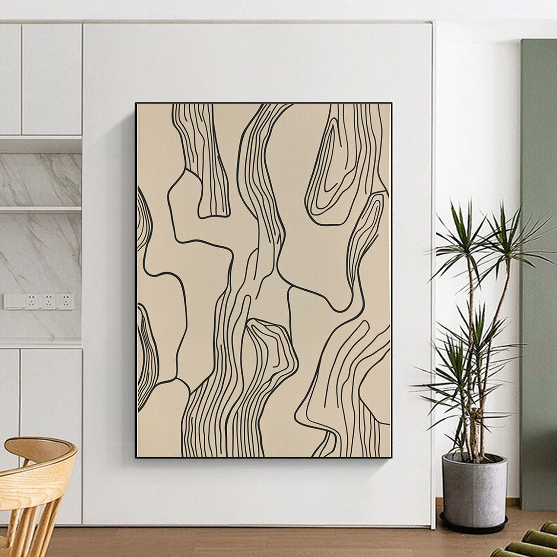 Black Line Abstract on Beige Abstract Painting with Minimalist Grace WINK268