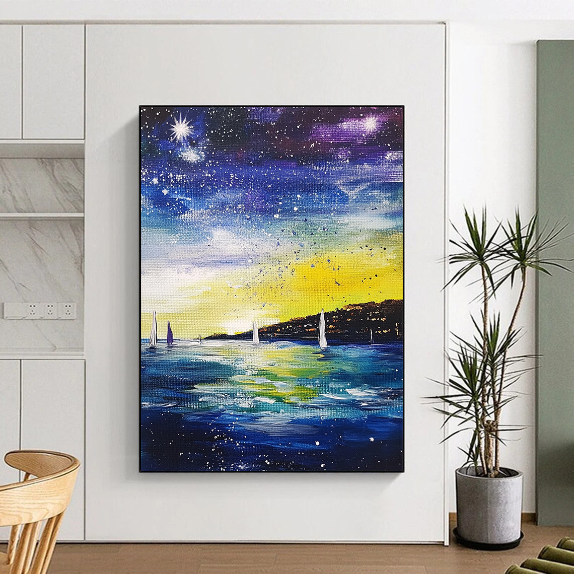 Starry Night Seaside Abstract Painting for Nautical - Themed Bedrooms GAB1263