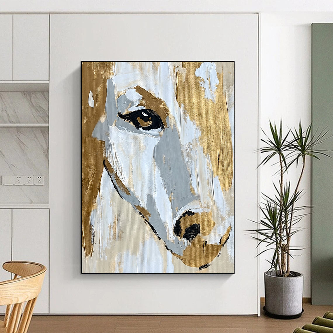 Horse Face in Gold and White - Elegant Equine Abstract Art GAB0511