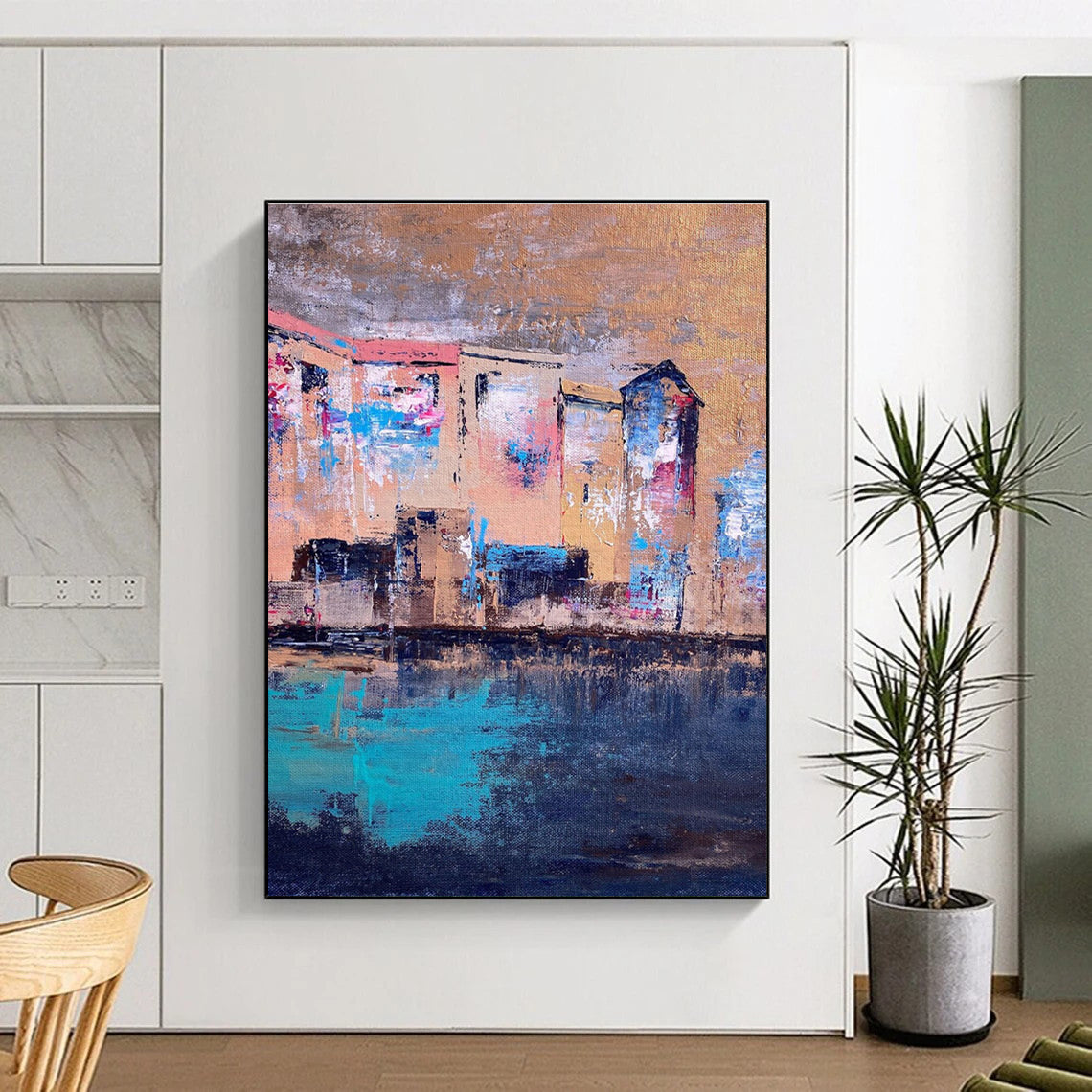 Riverside Buildings Abstract Painting for Bohemian - Style Cafes HENG460