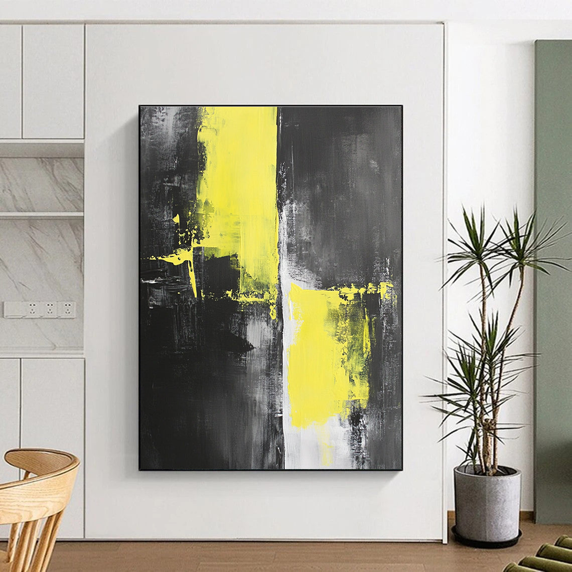 Yellow Black Gray Abstract Painting with High - Contrast Energy WINK505