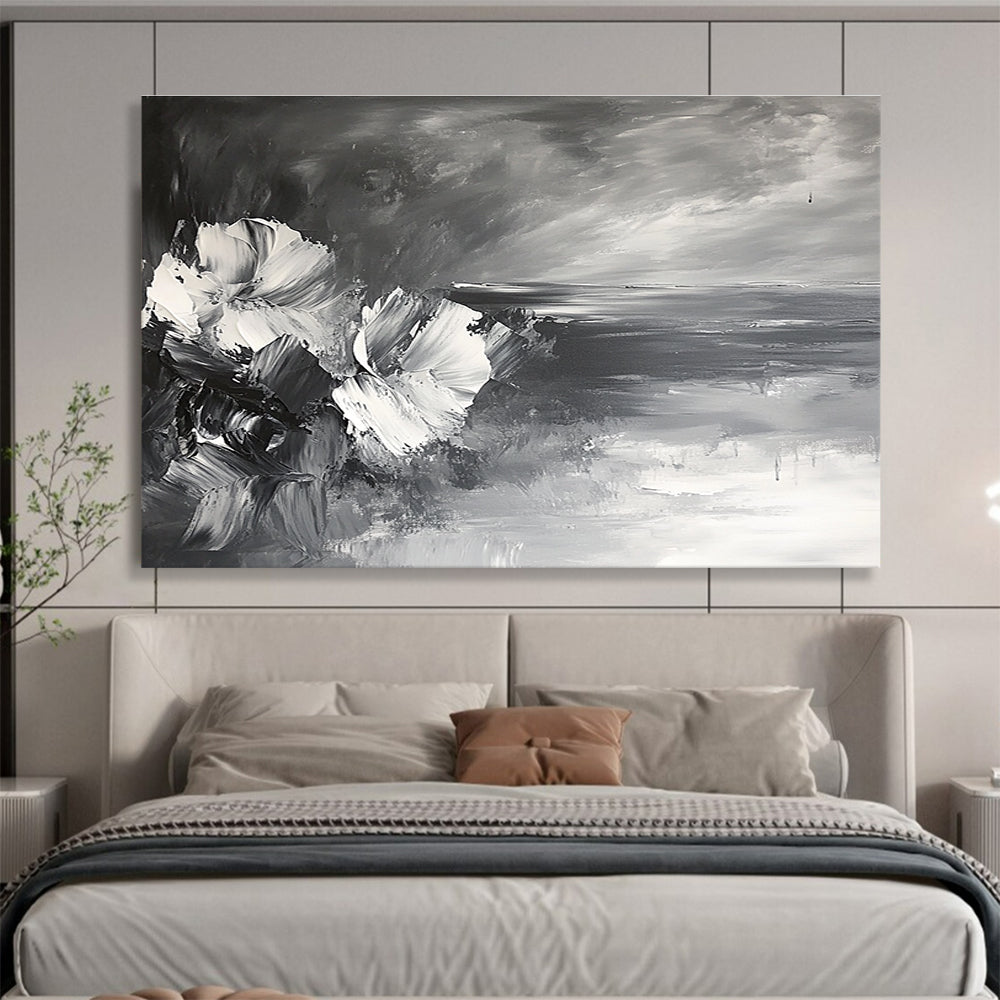 Monochrome Floral and Sea: Contrasting Textures of Flowers and Waves Abstract Painting ABS177