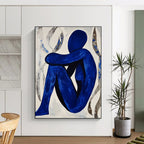Blue Figure in Contemplation Abstract Painting with Silver Accents GAB0041