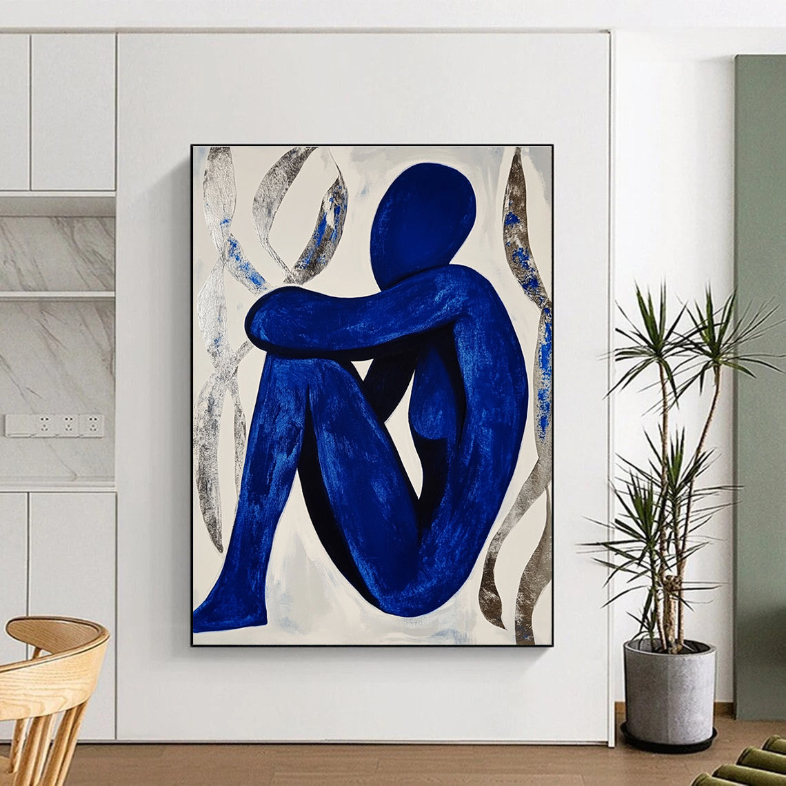 Blue Figure in Contemplation Abstract Painting with Silver Accents GAB0041