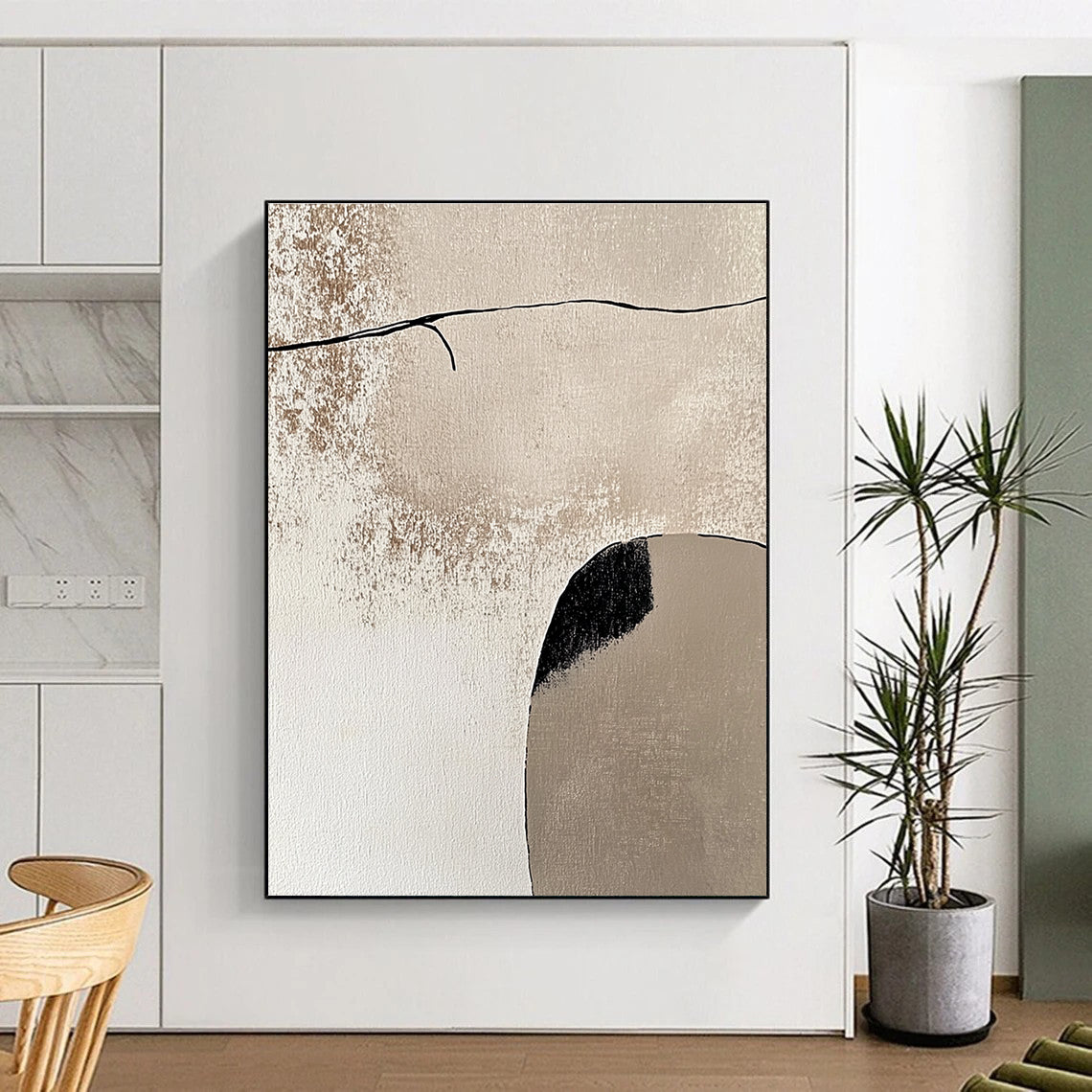 Beige and Black Minimalist Shapes Abstract Painting with Quiet Contemplation WINK044