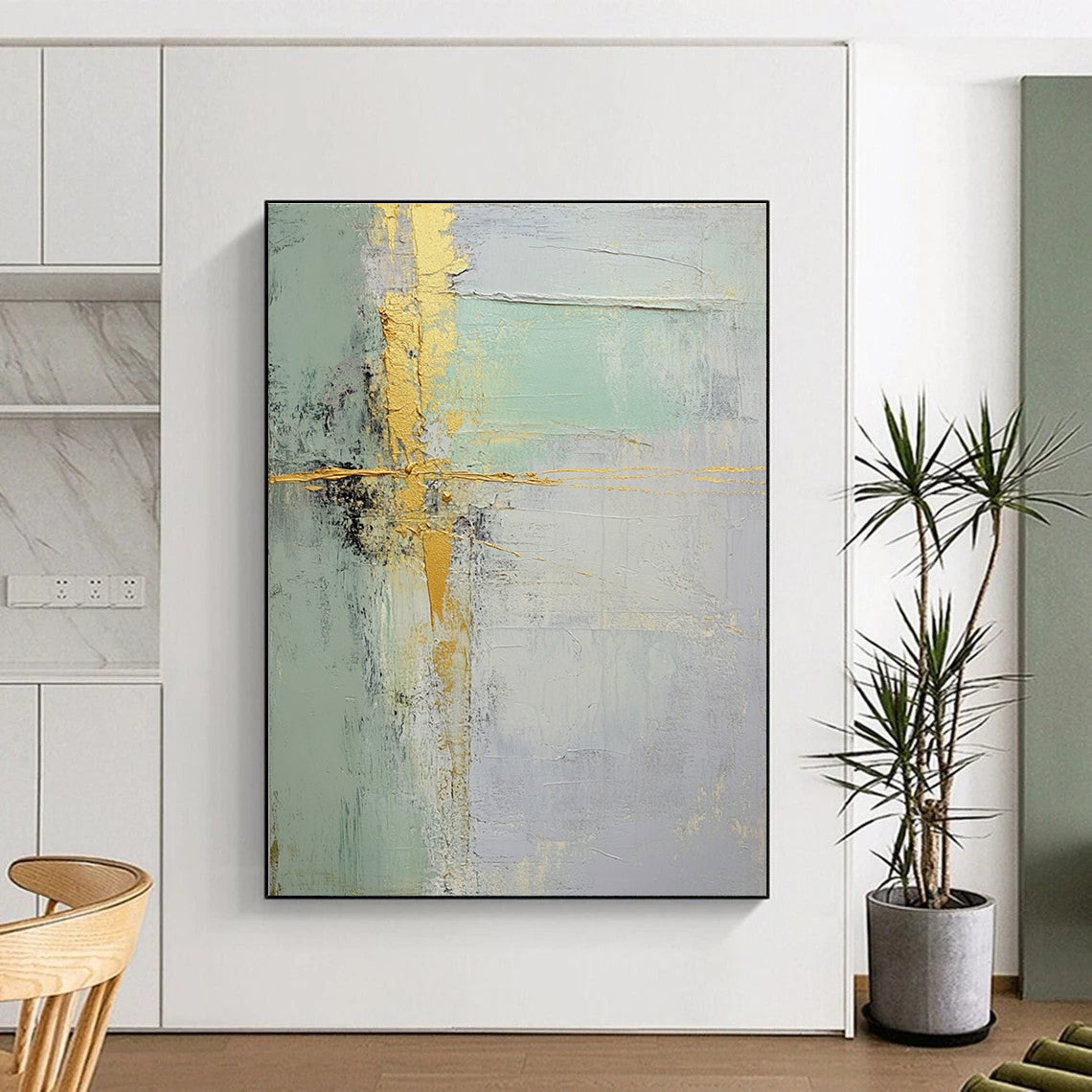 Green Gold Gray Abstract Painting with Calm Refinement WINK529