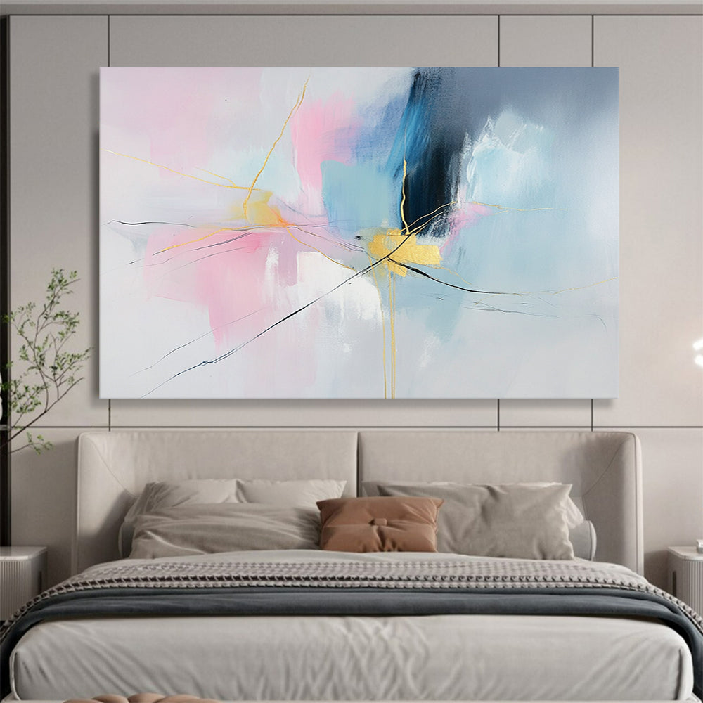 Pink, Blue, and Gold Abstract Painting with Dynamic Thread - like Forms ABS441