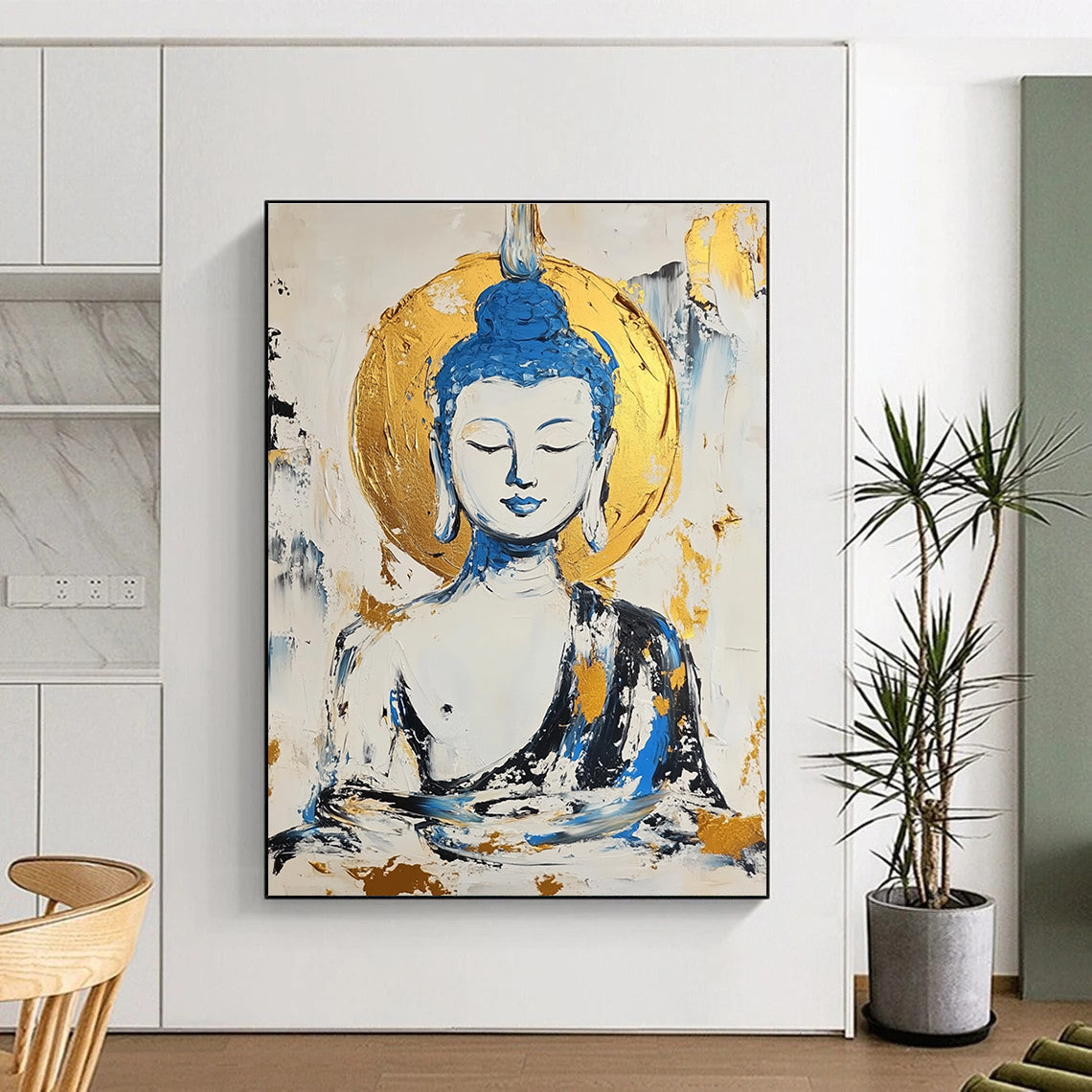 Buddha in Blue and Gold Abstract Painting for Spiritual Retreat Centers GAB0799