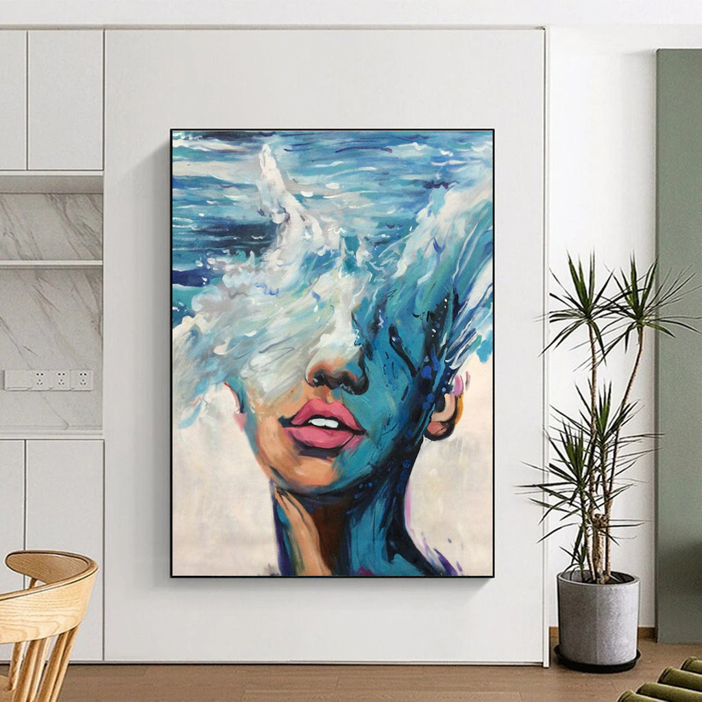 Blue Ocean Wave - Masked Face Abstract Painting for Contemporary Art Galleries HENG347