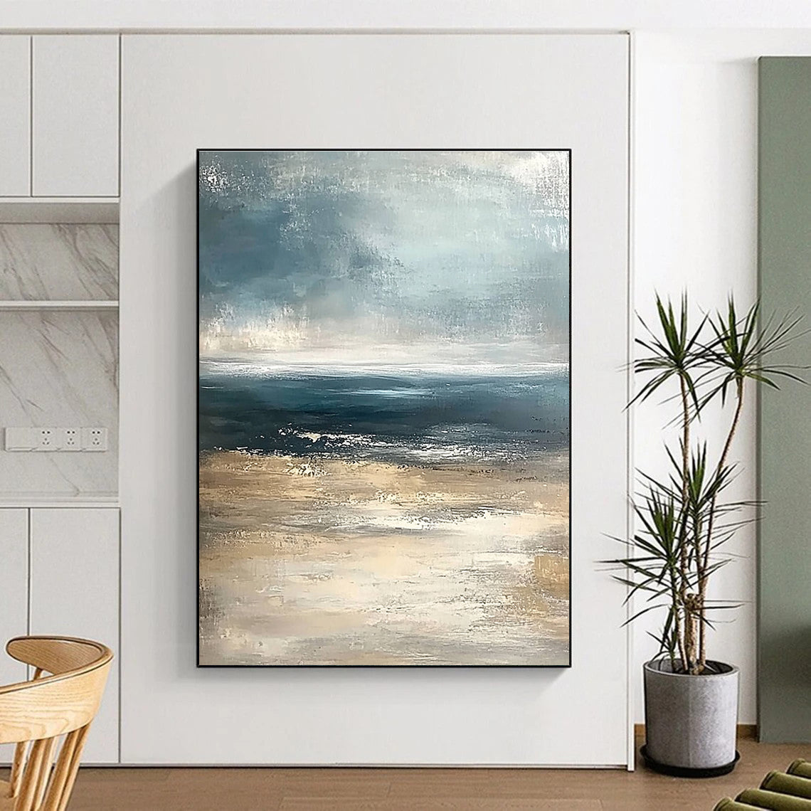 Textured Blue - Beige Sea Abstract Painting: Raw Coastal Charm for Gatherings GAB0959