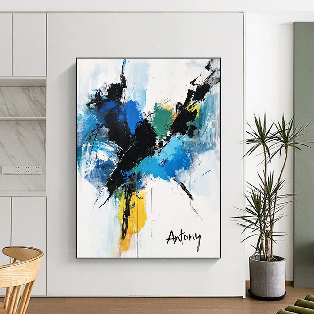 Blue and Black Abstract Flower - Dynamic Botanical Abstract Art GAB0473