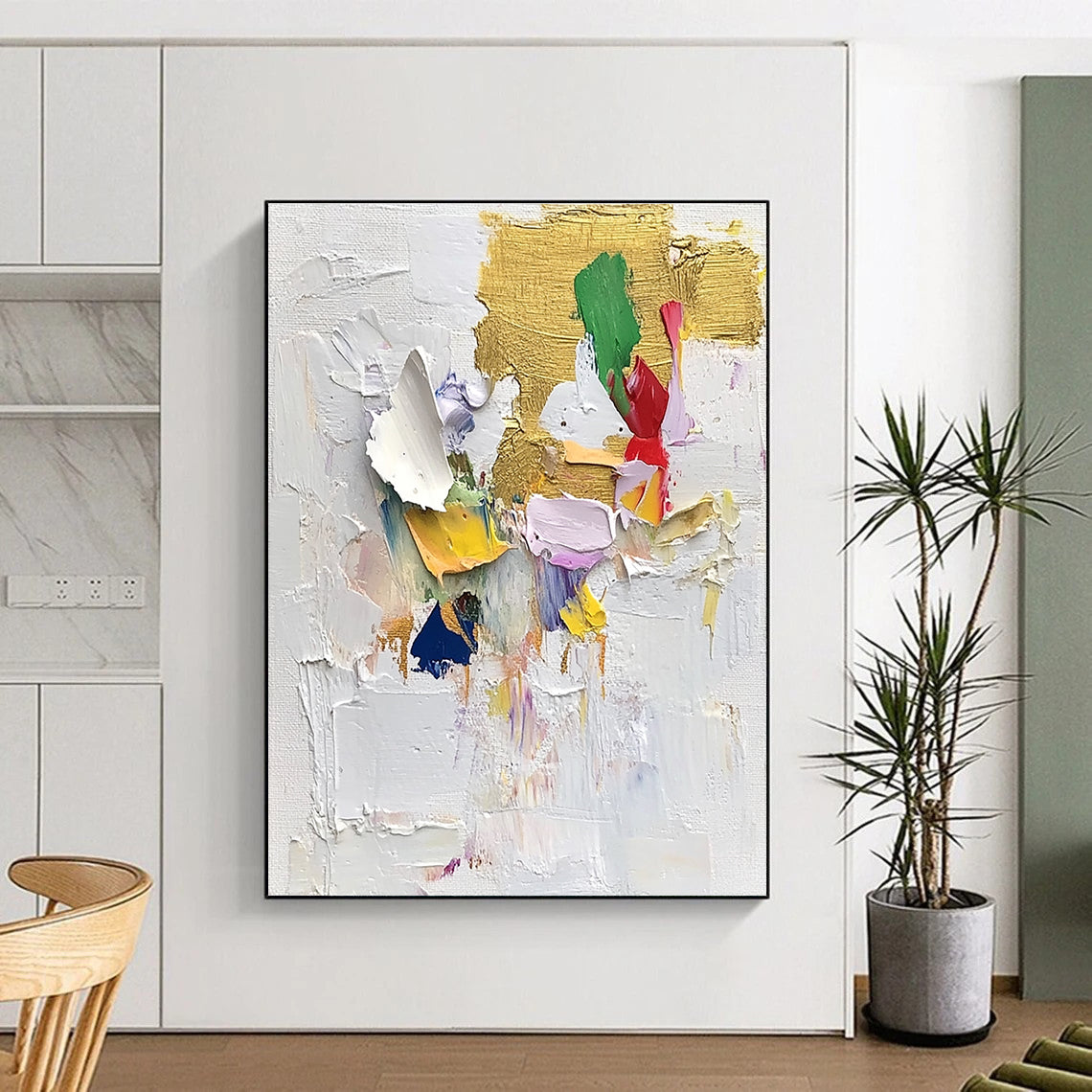 Gold Accented Abstract Collage Painting with Vibrant Shapes WINK621