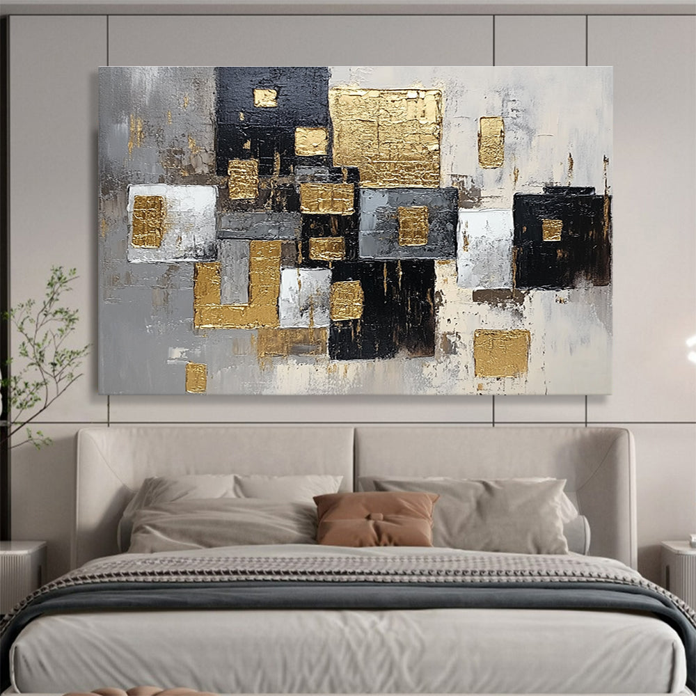 Gold - Accented Geometric Abstract Painting with Modern, Structured Beauty ABS476