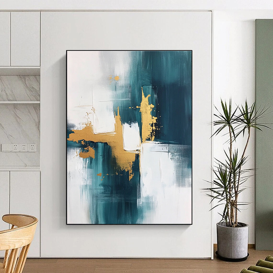 Teal Gold White Abstract Painting with Flowing Luxury WINK676