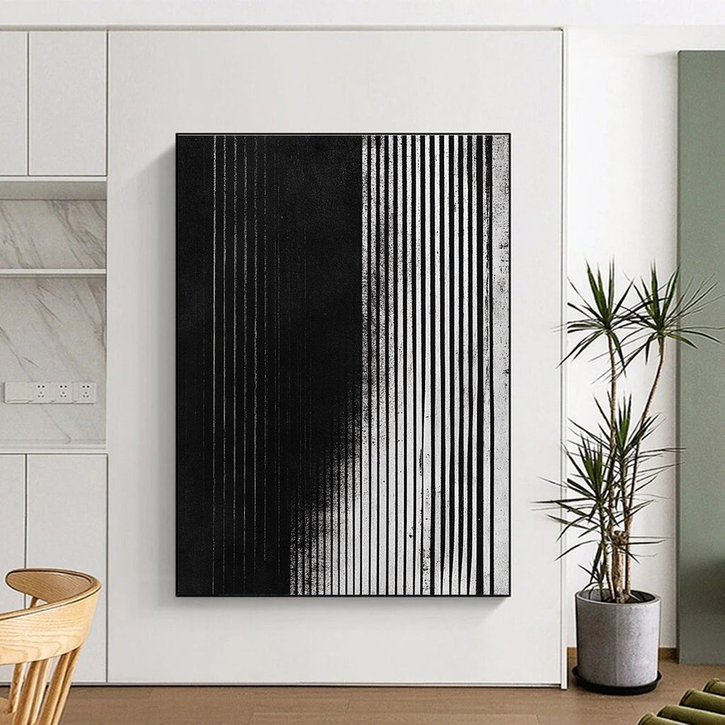 Vertical Black and White Stripes Abstract Painting with Structured Rhythm WINK013