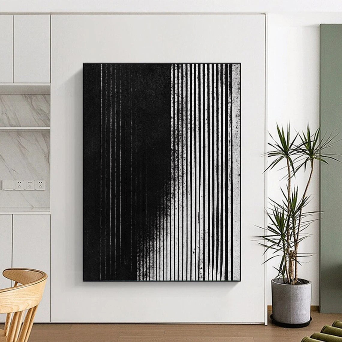 Vertical Black and White Stripes Abstract Painting with Structured Rhythm WINK013