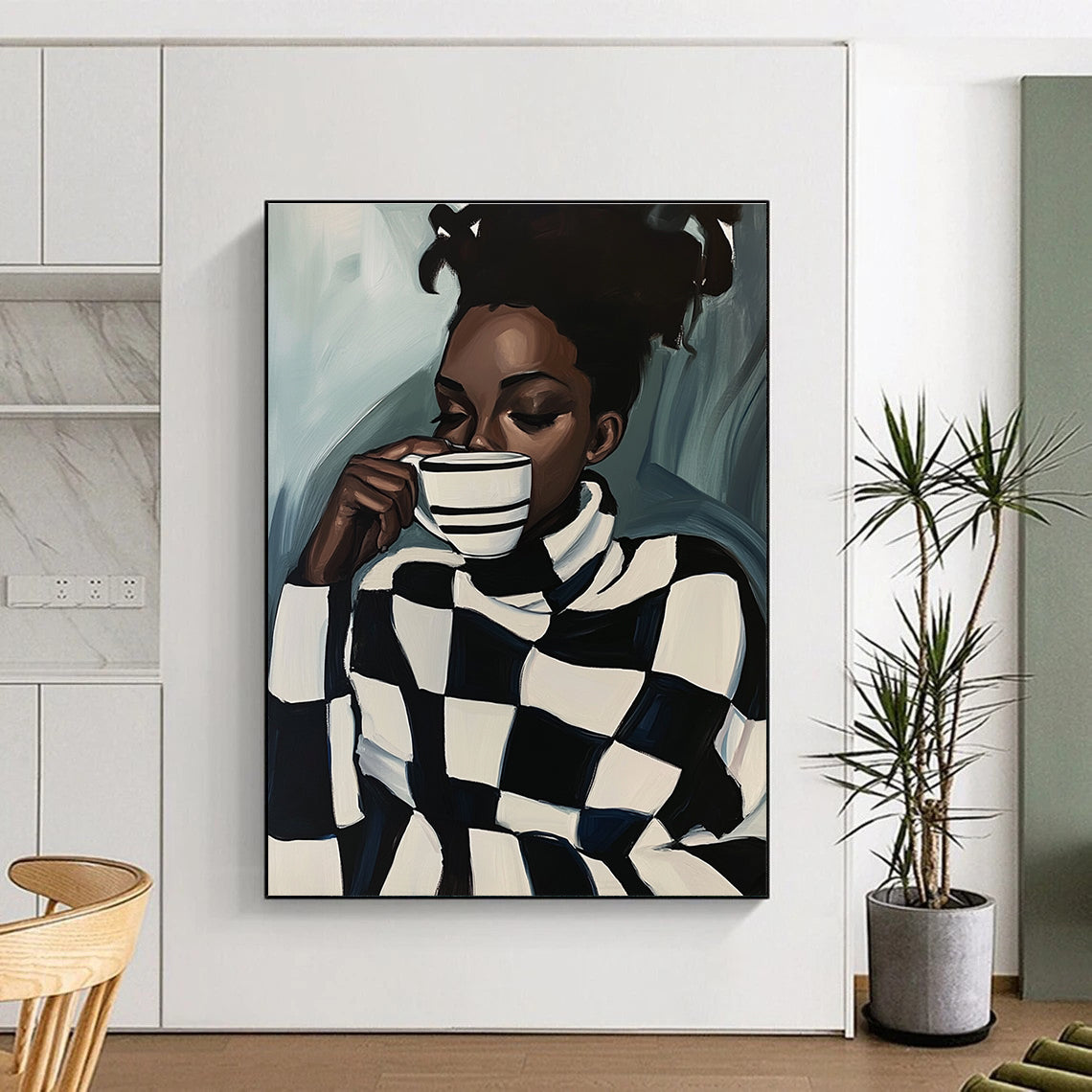 Stylish Woman with Checkered Sweater Abstract Painting GAB0038