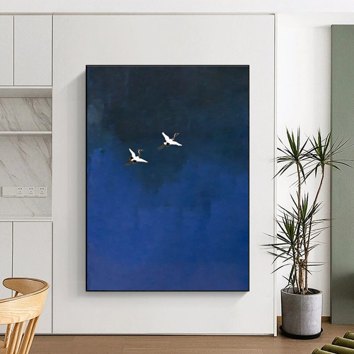 Two Cranes in Blue Sky Abstract Painting for Zen - Inspired Spaces HENG481