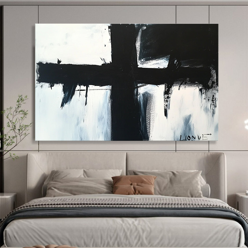 Bold Black Cross: Stark Contrast and Dramatic Impact Abstract Painting ABS179