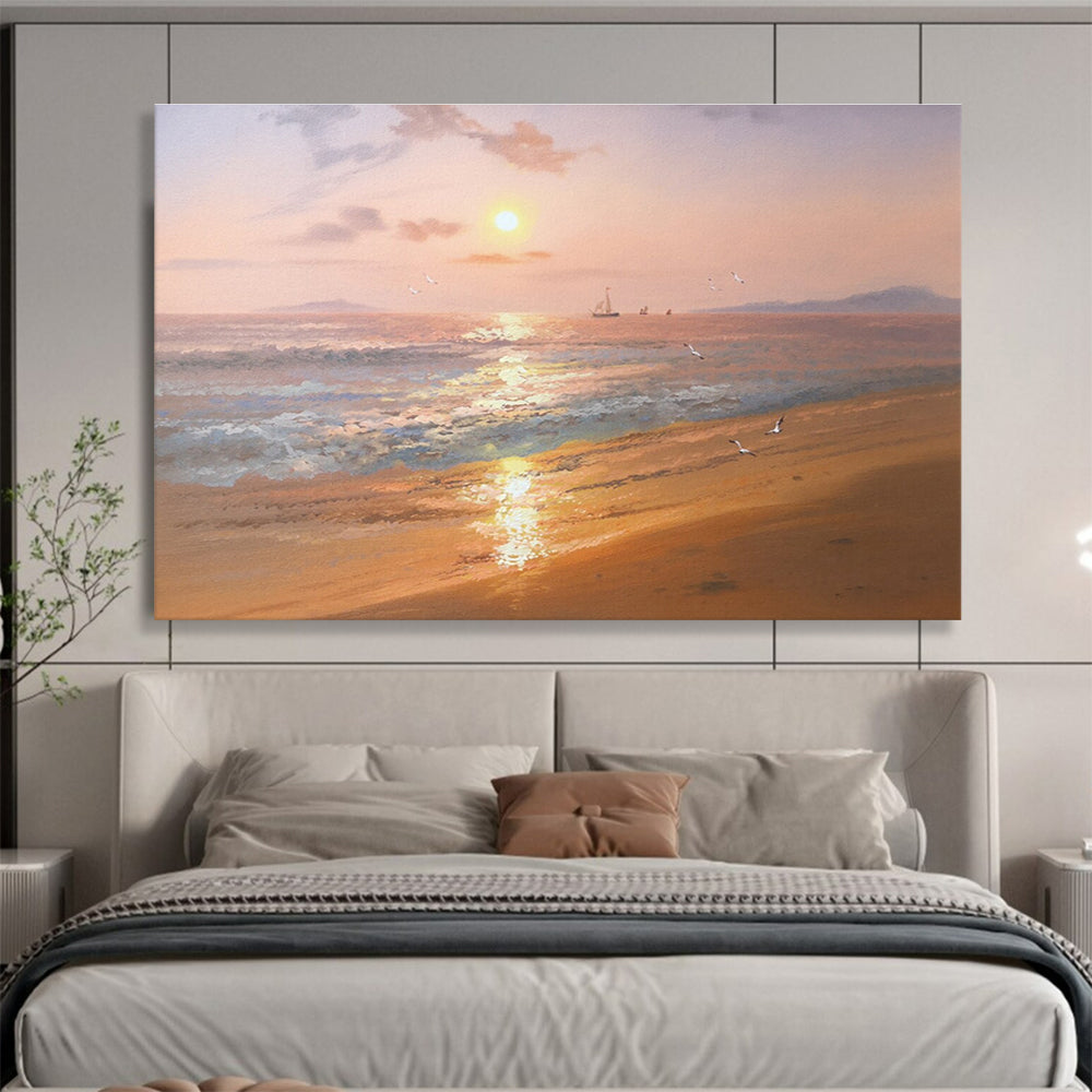 Beach Sunset with Birds and Boats Abstract Painting for Coastal Resort Lobbies YHT271