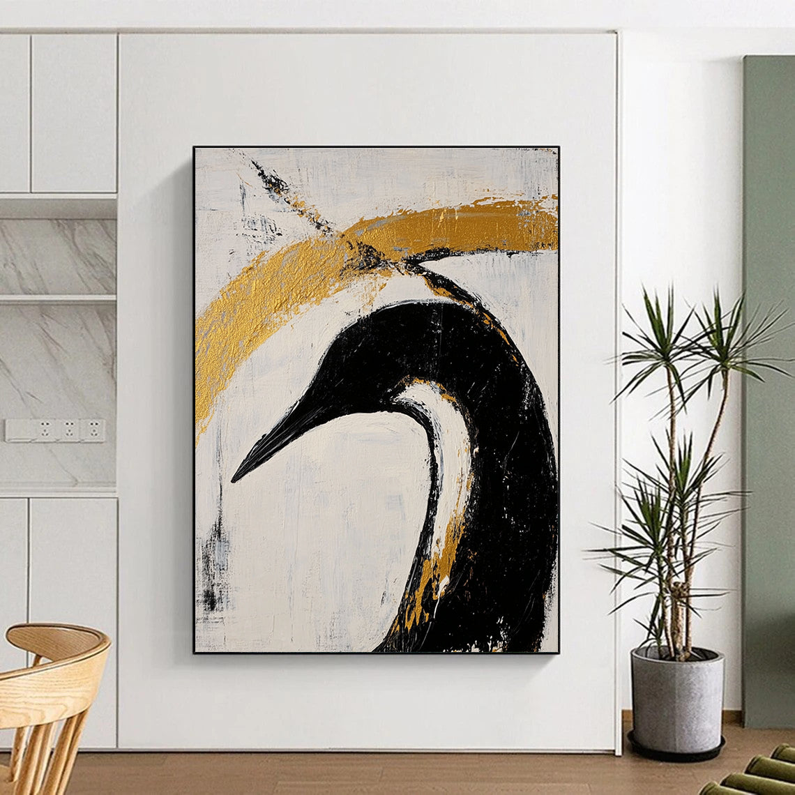 Black Bird with Gold Highlights - Edgy Figurative Abstract Art GAB0437