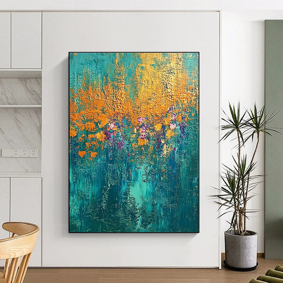 Teal and Gold Floral Abstract Painting with Enchanted Blooms WINK288