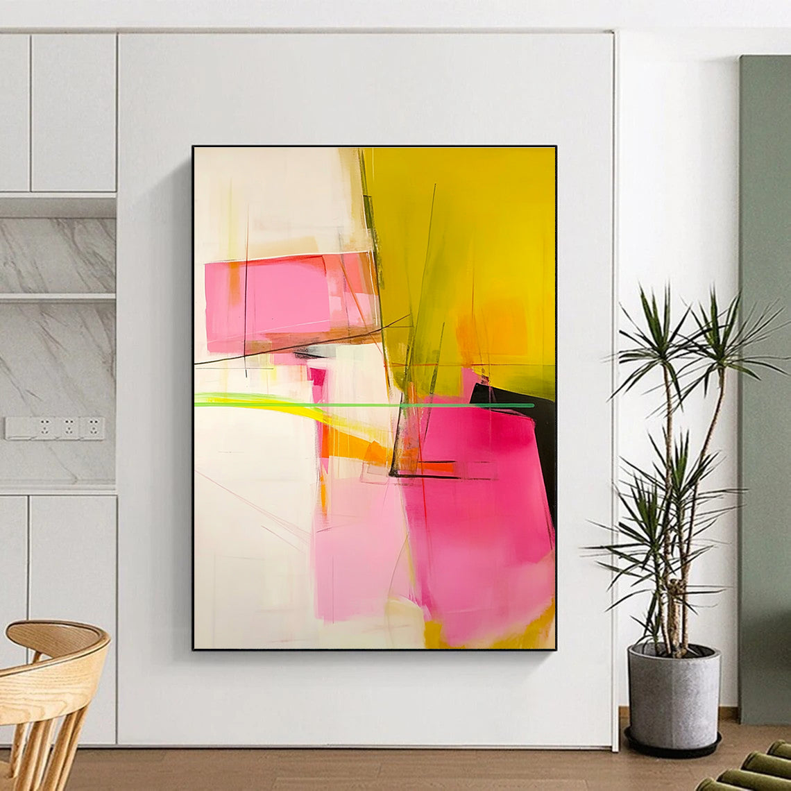 Pink Yellow Geometric Abstract Painting with Subtle Lines WINK629