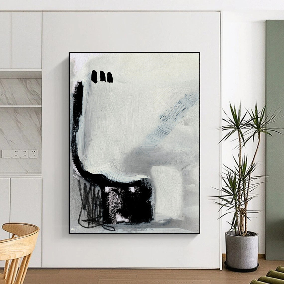 Minimalist Black - White Abstract Painting for Modern Art - Themed Bedrooms HENG205
