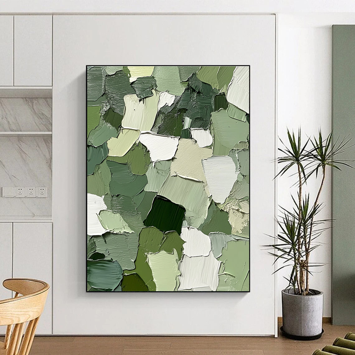 Green and White Patchwork Abstract Painting with Fresh Vitality WINK043
