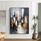 Gray and Gold Cityscape Abstract Painting for Sophisticated Decor GAB0695
