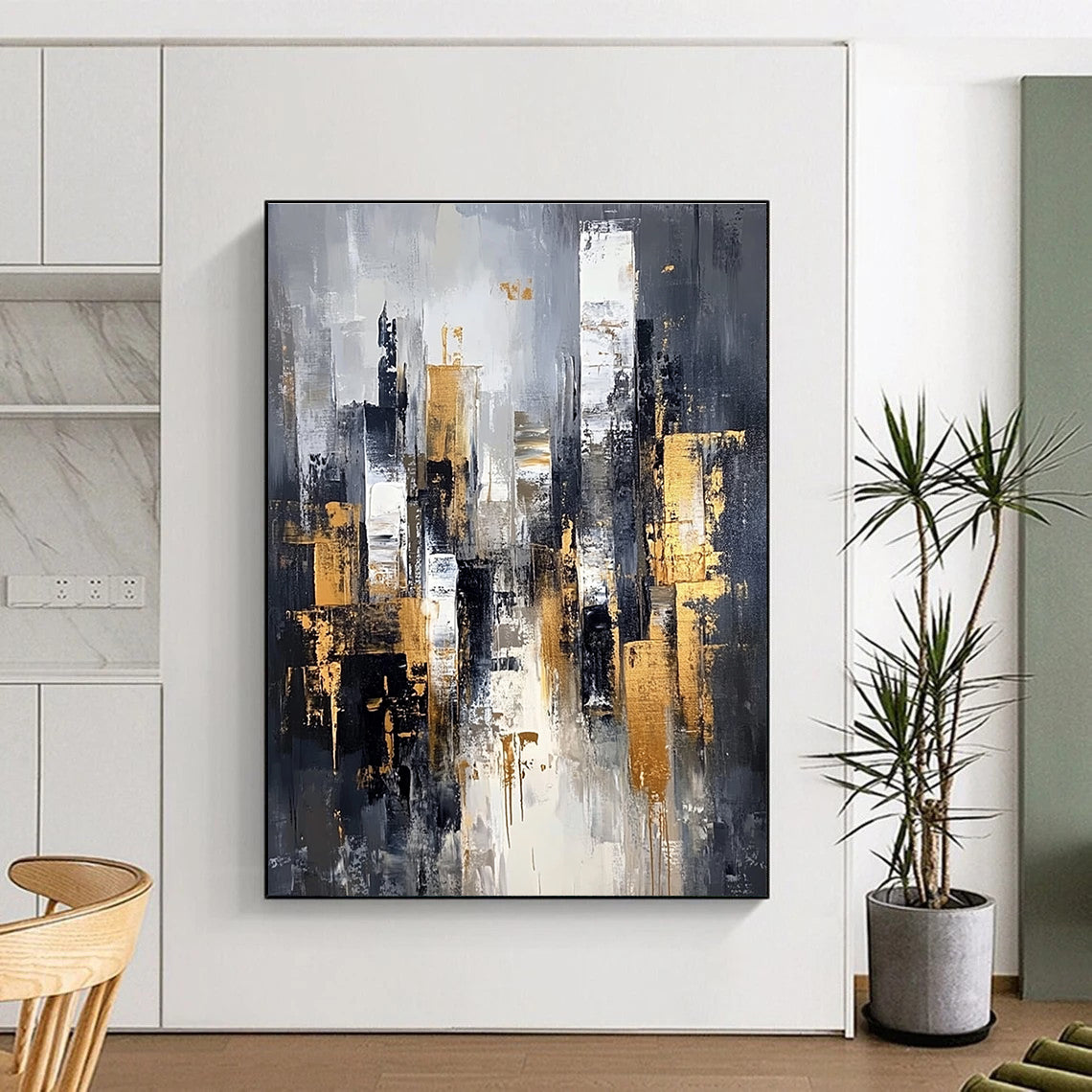 Gray and Gold Cityscape Abstract Painting for Sophisticated Decor GAB0695
