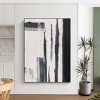 Black and White Textured Vertical Strokes Abstract Painting for Contemporary Entrances HENG367