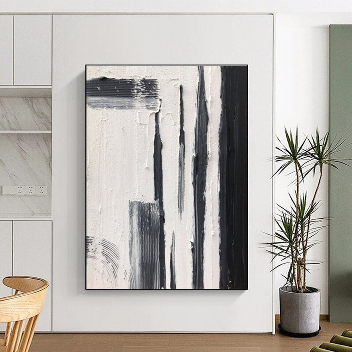 Black and White Textured Vertical Strokes Abstract Painting for Contemporary Entrances HENG367