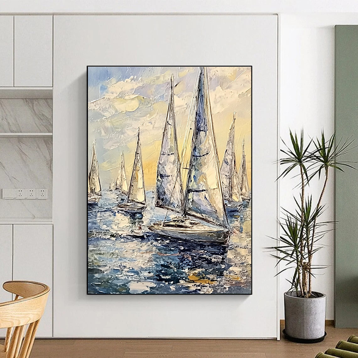 Fleet of Sailboats on Sea Vivid Abstract Painting for Energetic Spaces GAB1464