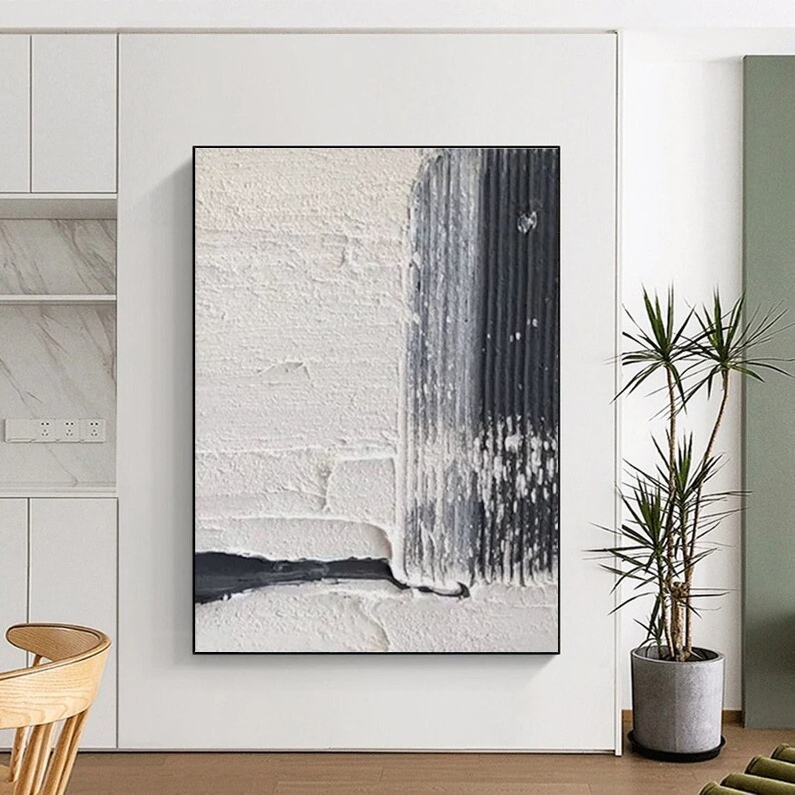 Textured White - Black Abstract Painting for Minimalist Art Installations HENG147