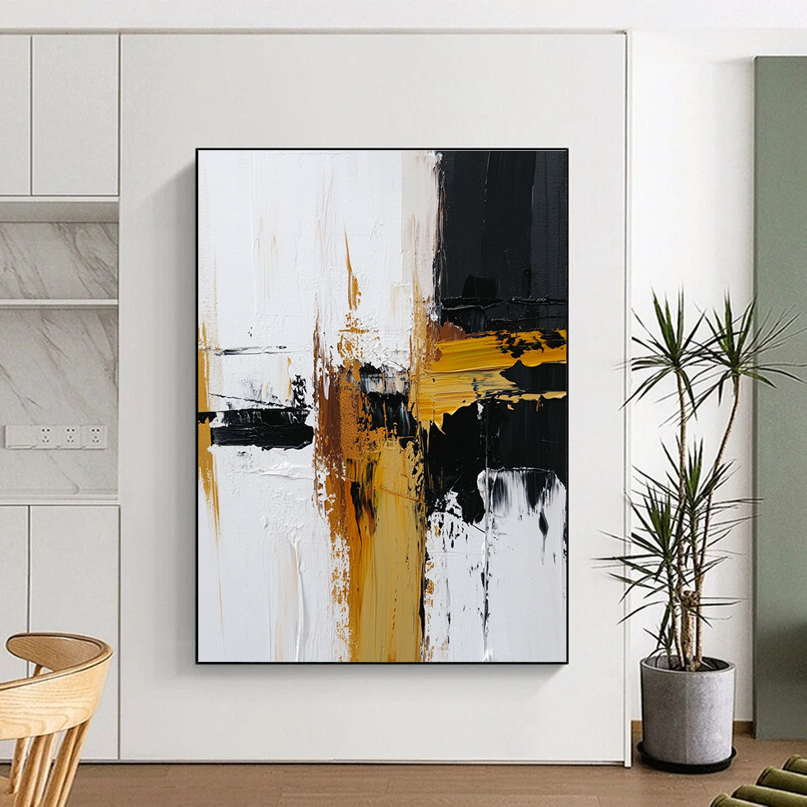 Black White Gold Abstract Painting with Modern Drama WINK483