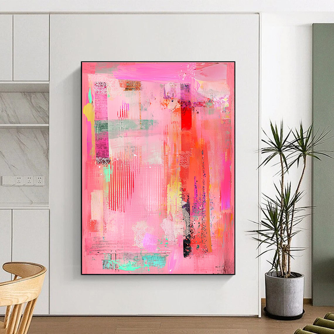 Intricate Pink Collage Abstract Painting with Whimsical Detail WINK255