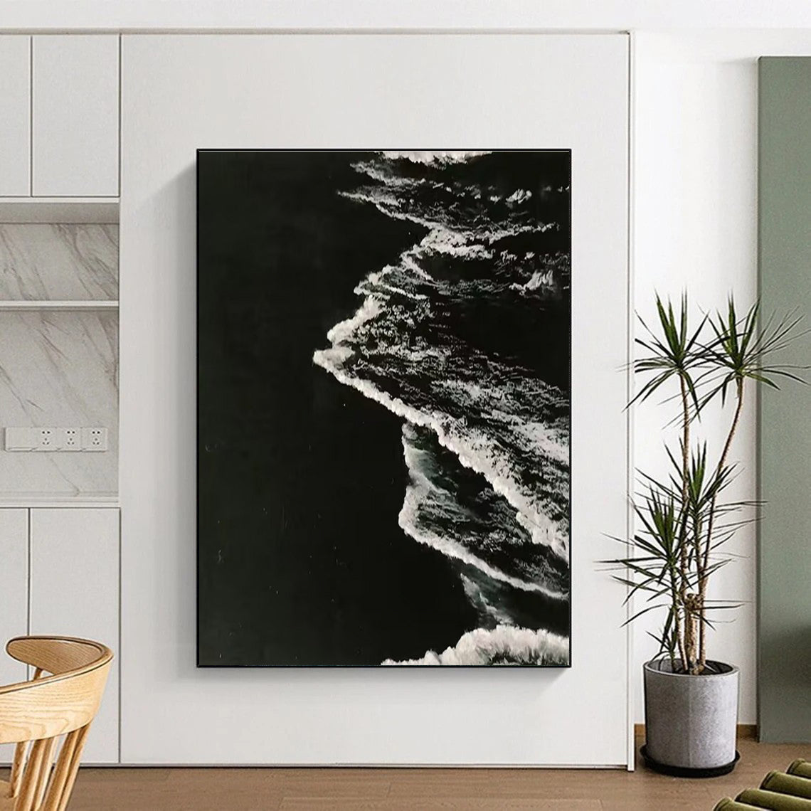 Black and White Ocean Wave Abstract Painting for Monochrome - Themed Spaces HENG349