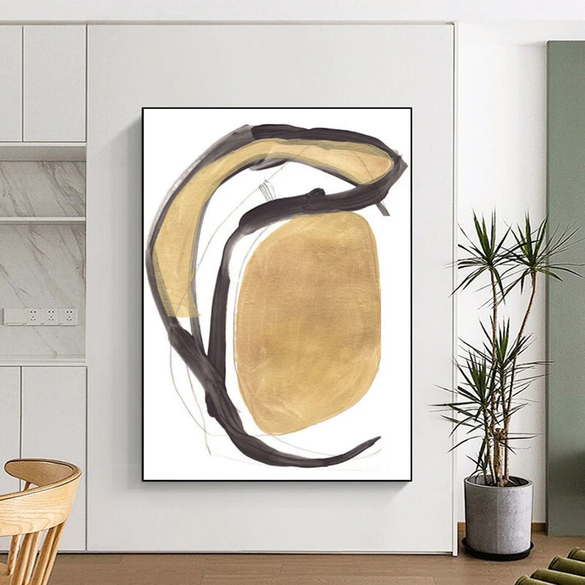 Luxe Gold - Black Abstract Forms Art for Opulent Entrances HENG223