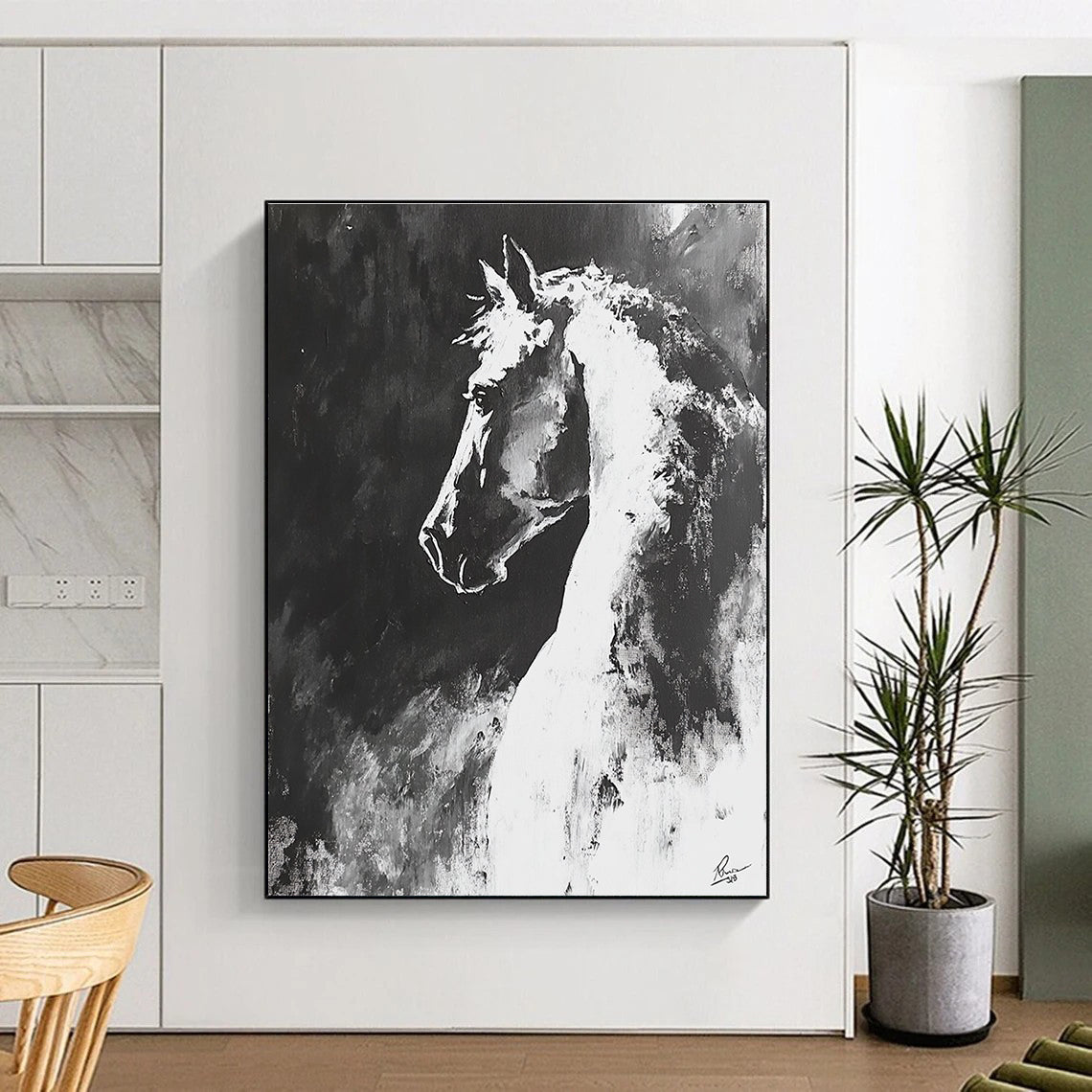 Black and White Horse Abstract Painting for Equestrian Lovers GAB0705
