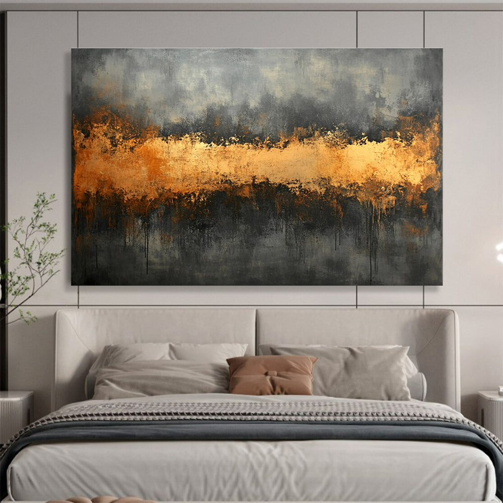 Gray and Gold Abstract Painting with Dripping Textures ABS305