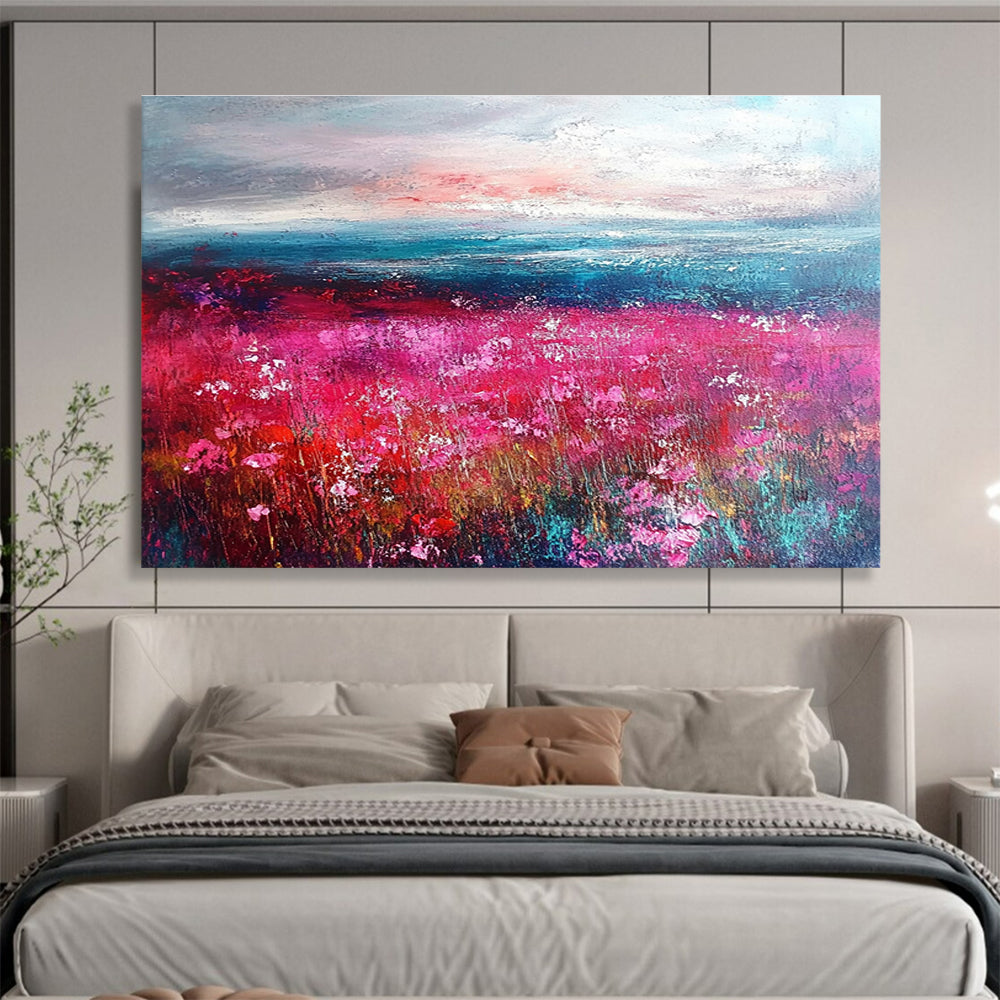 Pink Flower Field and Seascape Abstract Painting with Vivid, Romantic Ambiance ABS472