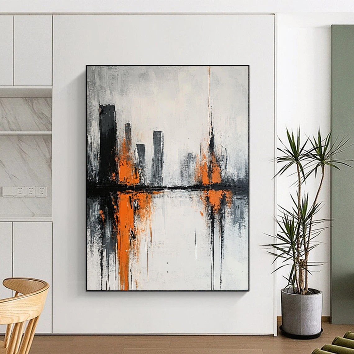 Abstract City Reflection Painting in Gray and Orange GAB0664