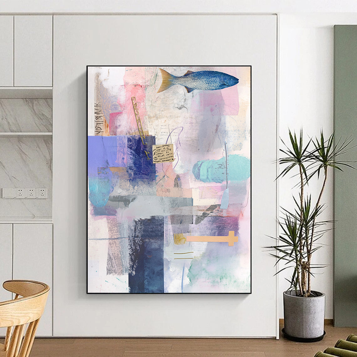 Fish and Text Collage Narrative Mixed Media Abstract Painting GAB0249