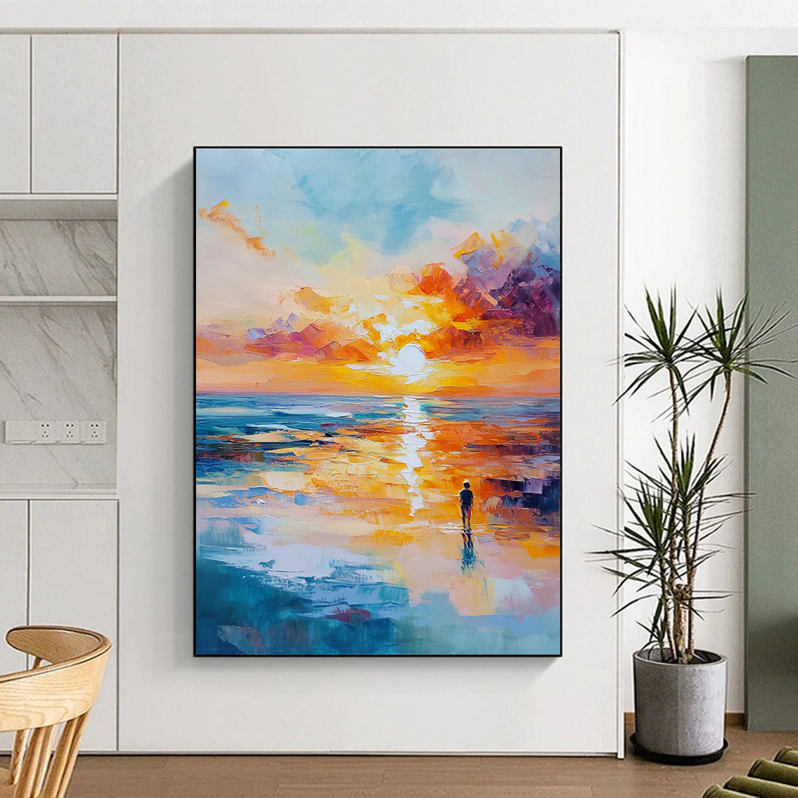 Solitary Figure Sunset Abstract Painting with Emotional Depth GAB0011