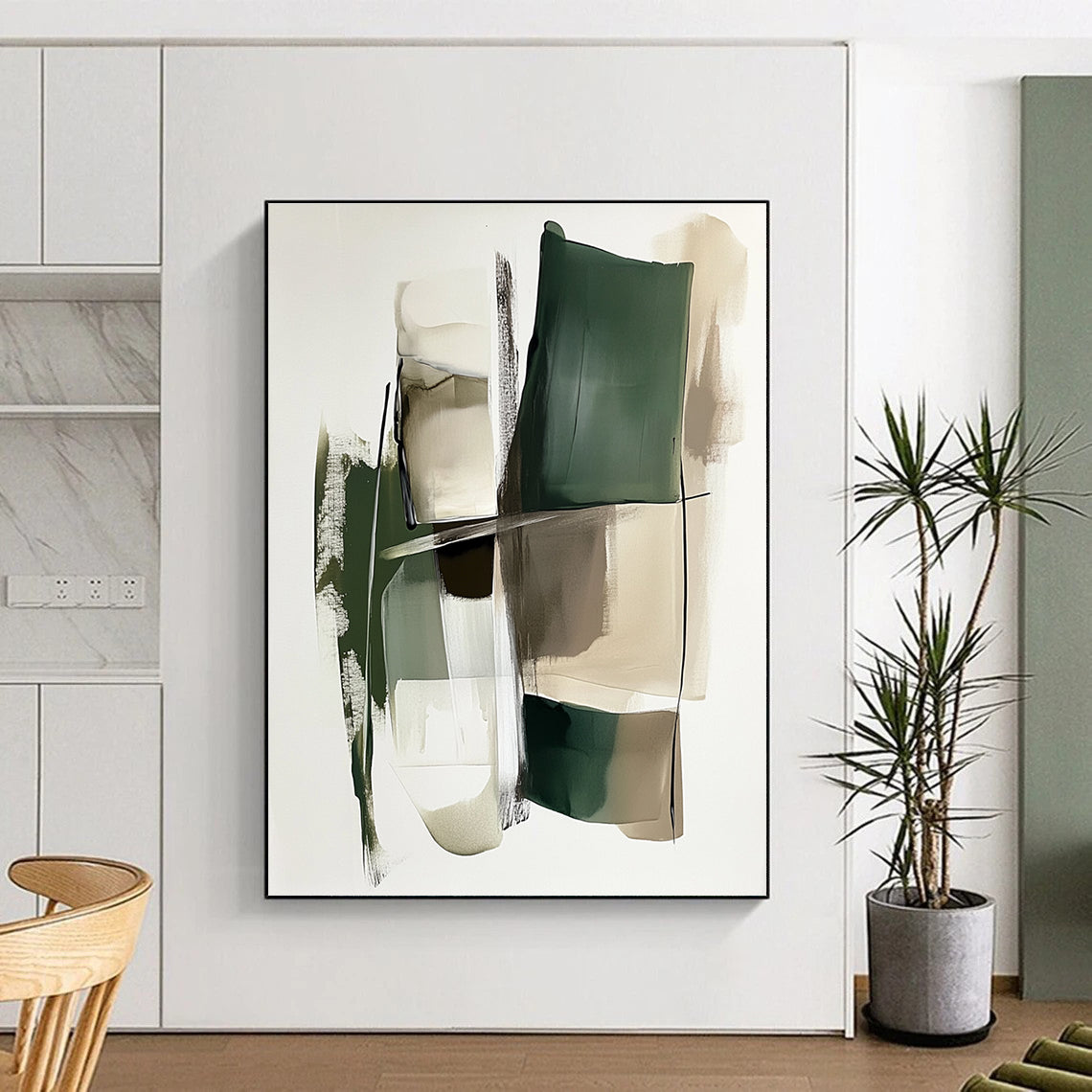 Green Beige Abstract Painting with Layered Geometry WINK560