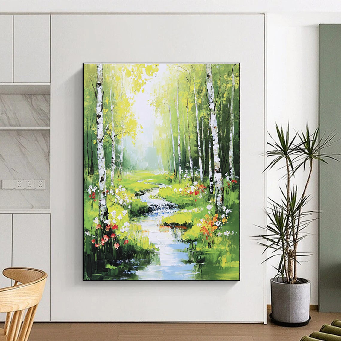 Enchanted Forest Stream Abstract Painting with Lush Greens GAB0013
